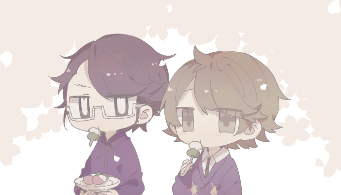 komagusa, gamon yuuta, hashigami sarai, occultic;nine, science adventure, food request, 2boys, black hair, cardigan, chibi, eating, glasses, multiple boys, purple cardigan, purple shirt, shirt, short hair