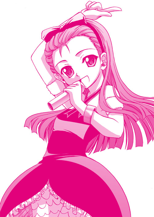 rikumoto yoshiyuki, minase iori, idolmaster, idolmaster (classic), idolmaster 1, 00s, 1girl, cute & girly (idolmaster), female focus, microphone, monochrome, music, pink theme, singing, solo