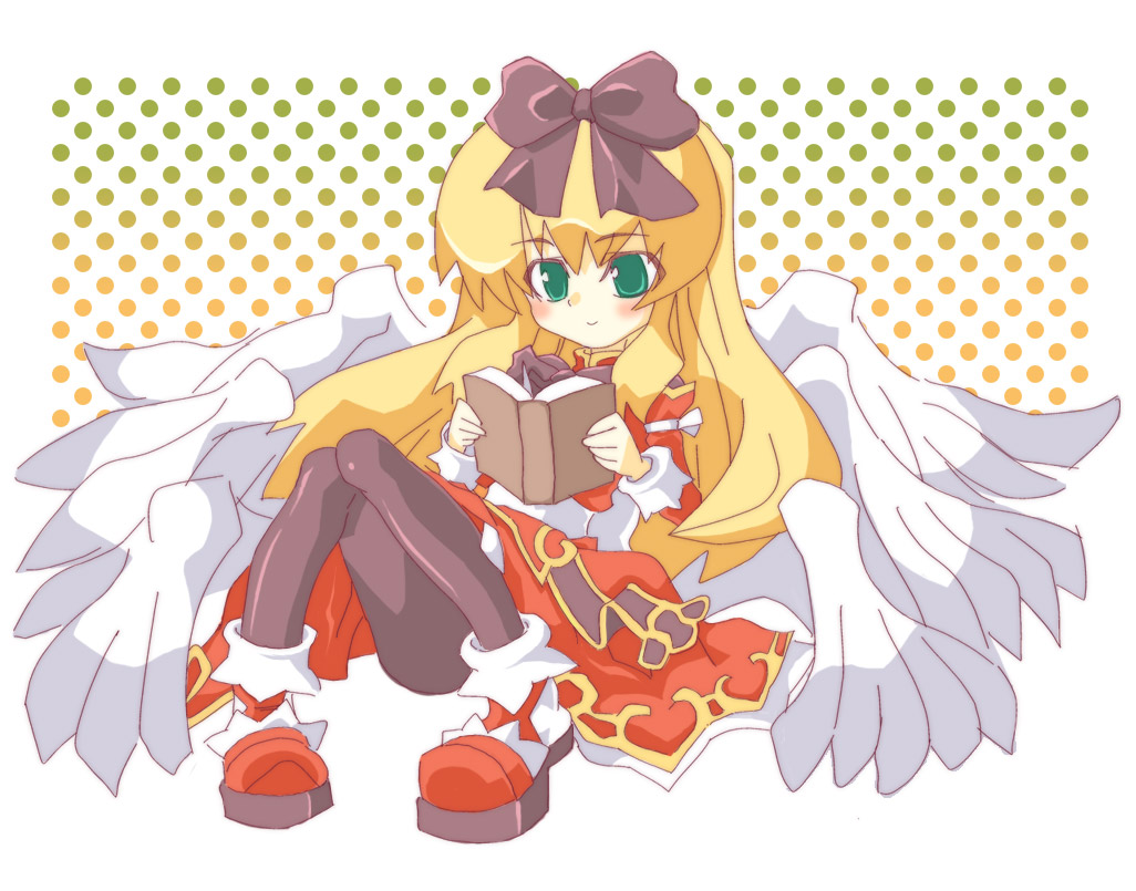 aruma (shinrabanshou), shinrabanshou, tagme, blonde hair, book, green eyes, long hair, pantyhose, simple background, solo