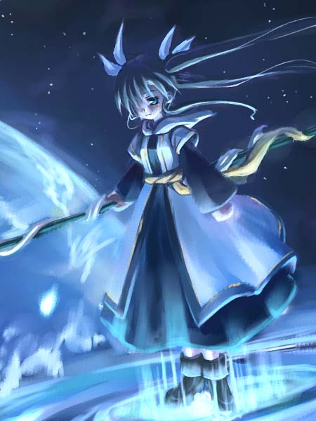 minamura haruki, 1girl, blush, boots, cloak, dress, dutch angle, female focus, frown, full body, hair over one eye, hair ribbon, hood, long sleeves, magical girl, ribbon, rod, sad, sash, solo, staff, standing, star (symbol), twintails, wind