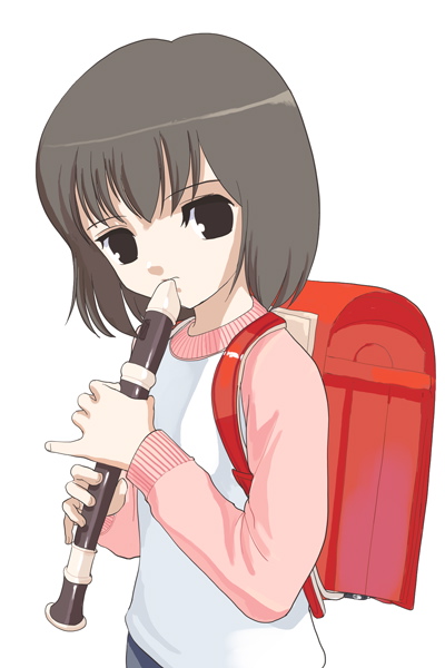natori (natorism), original, 1girl, backpack, bag, black eyes, female focus, flute, holding, holding behind back, holding flute, holding instrument, instrument, long sleeves, looking at viewer, music, playing instrument, randoseru, recorder, simple background, solo, tareme, upper body, white background