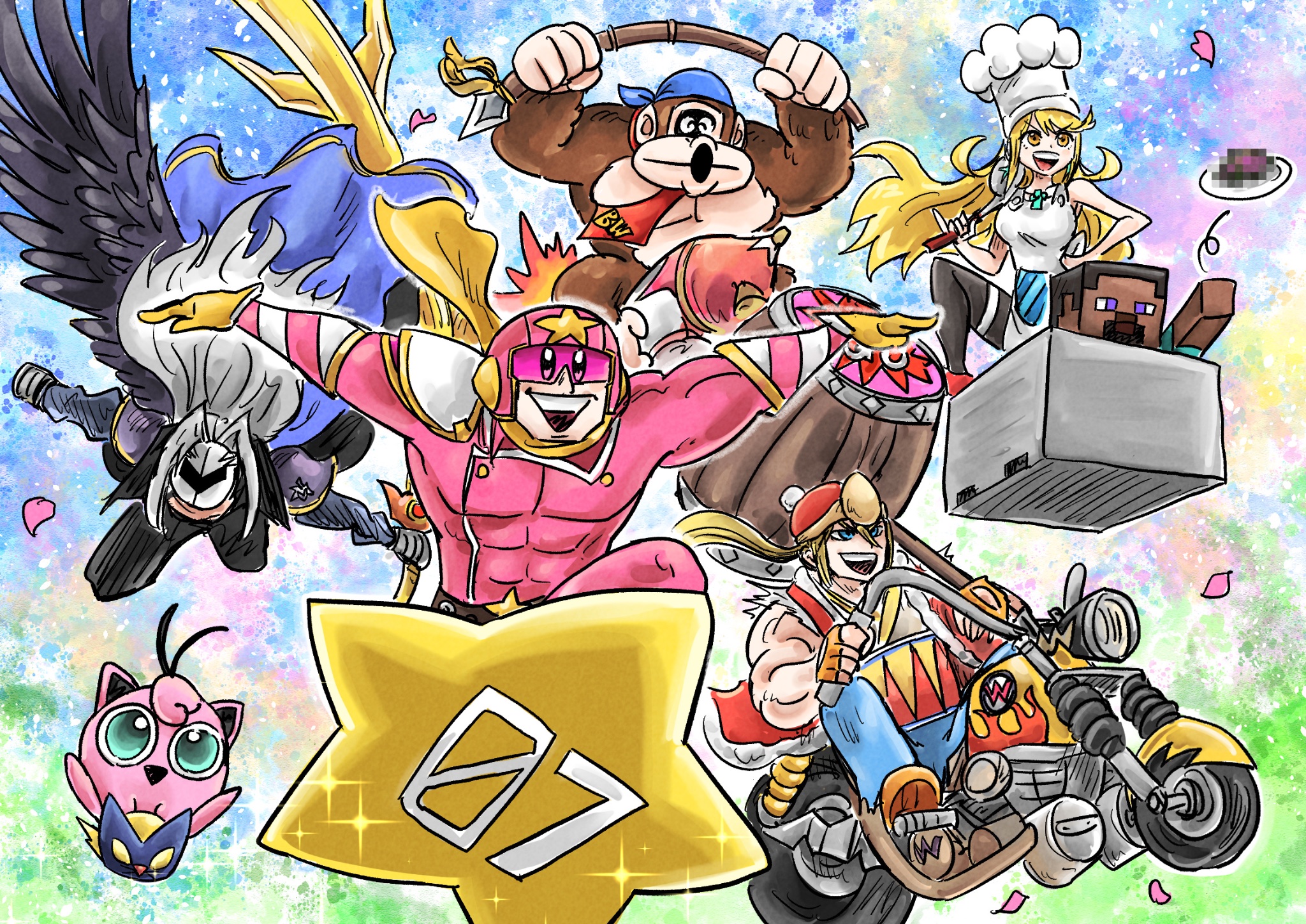 kicdon, bandana waddle dee, captain falcon, chef kawasaki, donkey kong, jigglypuff, king dedede, kirby, meta knight, mythra (massive melee) (xenoblade), mythra (xenoblade), sephiroth, steve (minecraft), terry bogard, donkey kong (series), f-zero, fatal fury, final fantasy, final fantasy vii, kirby (series), kirby air ride, kirby air riders, minecraft, nintendo, pokemon, super smash bros., warioware, xenoblade chronicles (series), xenoblade chronicles 2, highres, 1girl, apron, armor, bad food, bandana, bandana waddle dee (cosplay), blonde hair, blue bandana, bombchu, chef hat, chef kawasaki (cosplay), cosplay, gen 1 pokemon, gloves, gorilla, grey hair, hammer, hat, helmet, holding, holding hammer, holding ladle, holding polearm, holding sword, holding weapon, king dedede (cosplay), kirby (cosplay), ladle, meta knight (cosplay), minecart, motor vehicle, motorcycle, necktie, on motorcycle, open mouth, pauldrons, petals, pokemon (creature), polearm, pom pom (clothes), red necktie, shoulder armor, single wing, sparkle, spear, star (symbol), sword, toned, toned male, warp star, weapon, white apron, wings, yellow eyes, yellow gloves