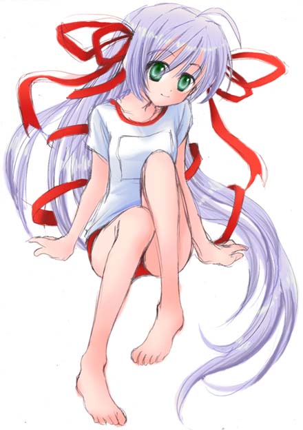 tuki, al azif (demonbane), demonbane, tagme, 00s, buruma, gym uniform, simple background, solo, white background