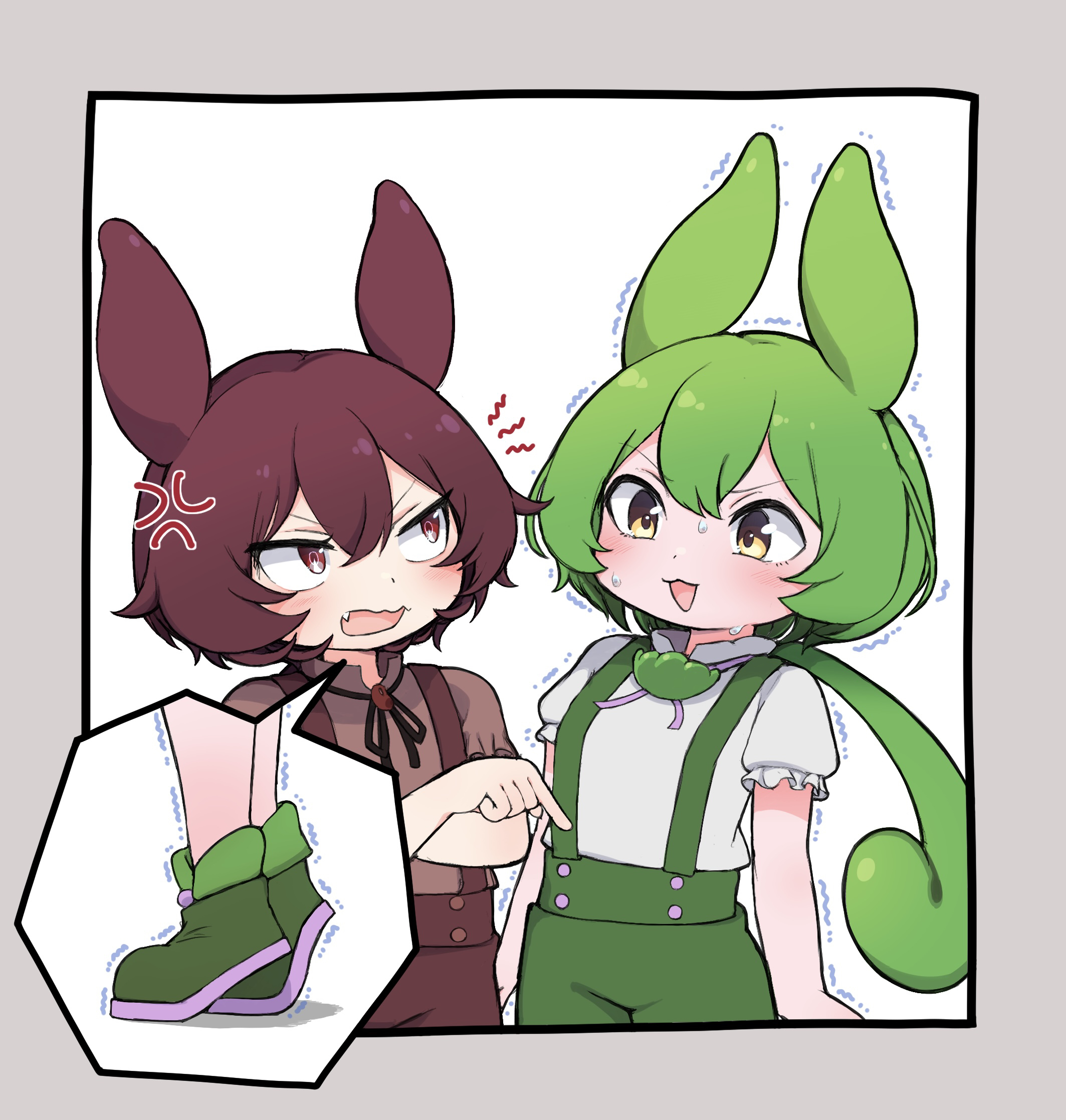 tokimotoinui, ankomon, zundamon, voicevox, commentary request, highres, 2girls, :3, anger vein, animal ears, brown eyes, brown hair, fang, green hair, long hair, low ponytail, multiple girls, neck ribbon, open mouth, pointing, ponytail, ribbon, short hair, short sleeves, smile, suspenders, sweat, tiptoes, trembling, yellow eyes