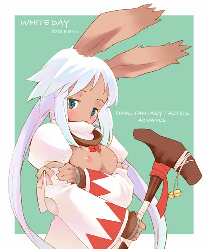 b.tarou, white mage (final fantasy), final fantasy, final fantasy tactics, final fantasy tactics advance, lowres, 1girl, blush, breasts, breasts squeezed together, female focus, long hair, nipples, solo, staff, viera, white hair