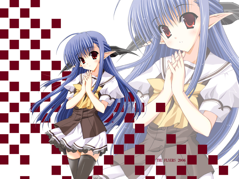 naruse mamoru, nerine, shuffle!, 00s, 1girl, blue hair, female focus, half updo, long hair, pointy ears, red eyes, school uniform, serafuku, solo, thighhighs