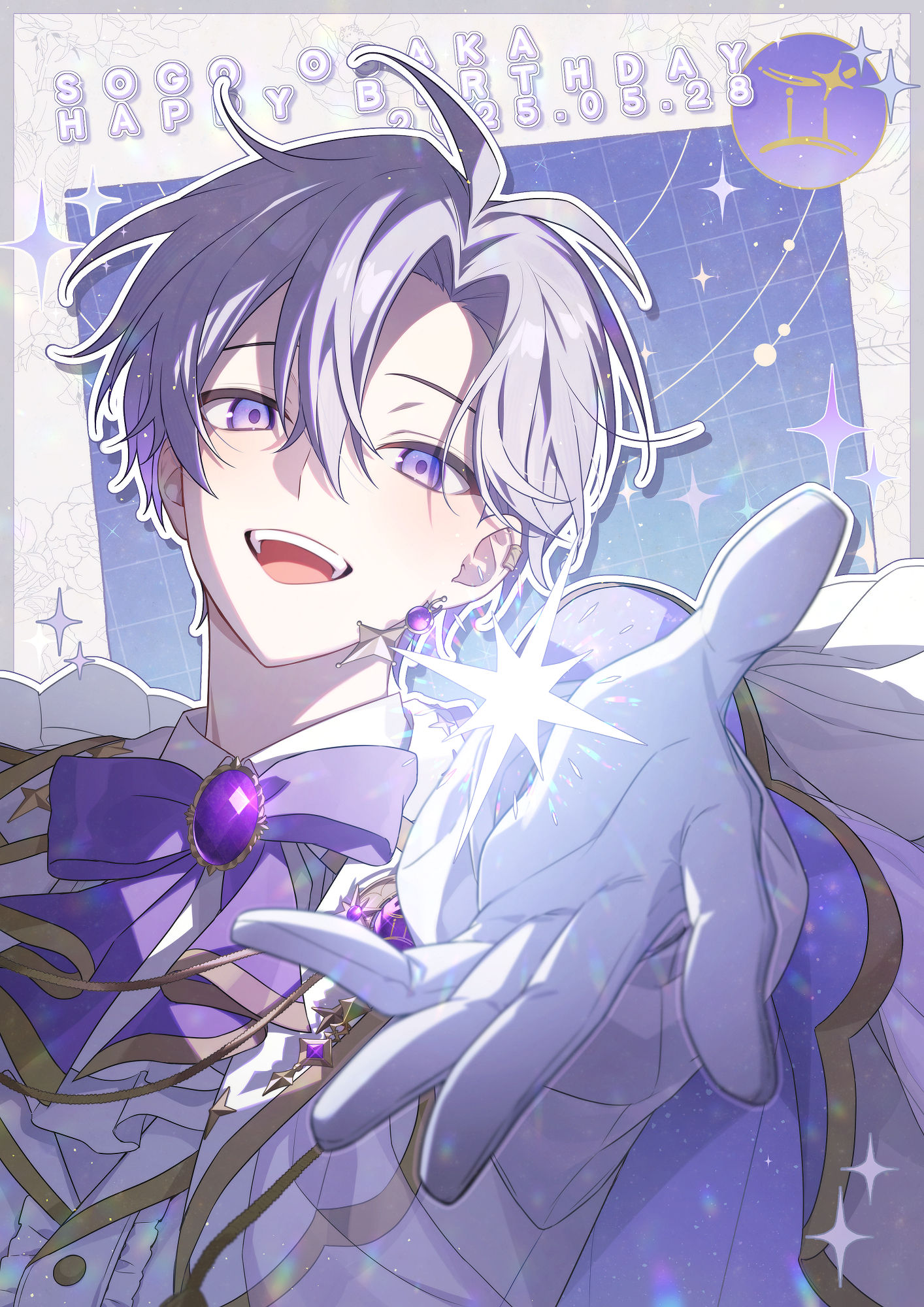 aiue o eiua, osaka sougo, idolish7, commentary request, highres, 1boy, border, bow, bowtie, brooch, character name, coat, coat on shoulders, dated, gemini (symbol), gloves, gold trim, grid background, happy birthday, jewelry, looking at viewer, male focus, open mouth, outline, purple background, purple bow, purple bowtie, purple eyes, purple hair, smile, solo, sparkle, teeth, upper body, upper teeth only, white background, white border, white coat, white gloves