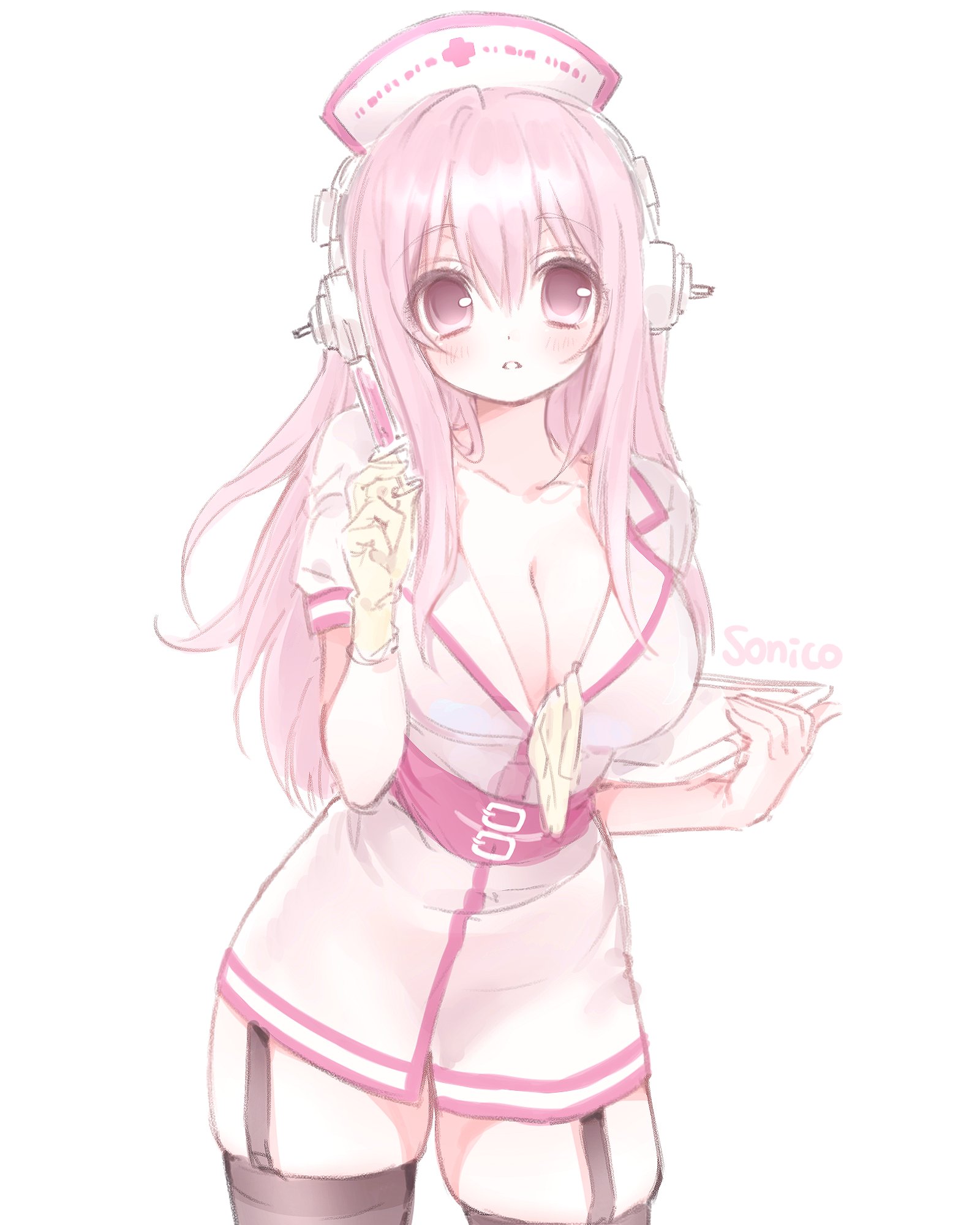mipi (u3u 00), super sonico, nitroplus, commentary, highres, symbol-only commentary, 1girl, belt, breasts, character name, cleavage, dress, garter straps, gloves, hat, headphones, holding, holding syringe, holding tray, large breasts, latex, latex gloves, long hair, looking at viewer, multiple belts, nurse, nurse cap, parted lips, pink eyes, pink hair, short dress, short sleeves, skindentation, solo, syringe, thighhighs, tray, unworn gloves, very long hair
