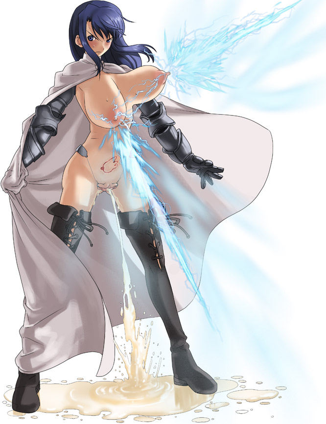 774 (nanashi), griselle cunt tits, griselle mankooppai, original, 1girl, angry, armor, black gloves, black thighhighs, blue eyes, blue hair, blush, boots, breast beam, breasts, cape, cum, cum pool, dilation belt, elbow gloves, electricity, facing viewer, female focus, full body, gauntlets, gloves, harem outfit, huge breasts, labia piercing, lightning, long hair, looking at viewer, matching hair/eyes, naked cape, nipples, nude, pee, peeing, piercing, pubic tattoo, puddle, pussy, pussy piercing, simple background, solo, spread pussy, standing, sweatdrop, tattoo, thigh boots, thighhighs, uncensored, what, white background