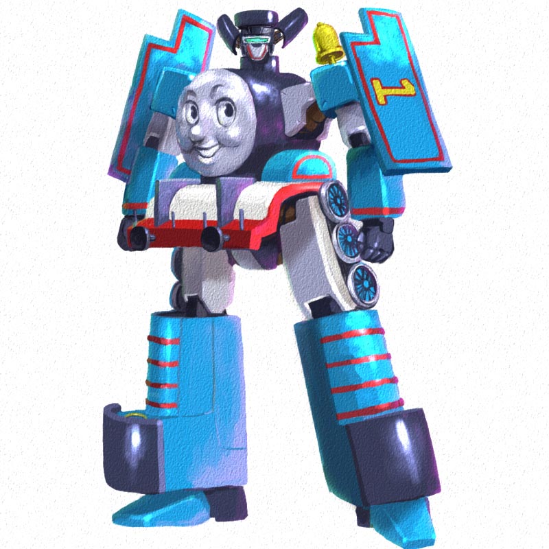 boma, sasuraiger (mecha), thomas the tank engine (character), ginga shippuu sasuraiger, j9 series, thomas the tank engine, transformers, 1980s (style), bell, crossover, locomotive, mecha, mecha focus, mechanization, no humans, oldschool, parody, retro artstyle, robot, science fiction, steam locomotive, train, what