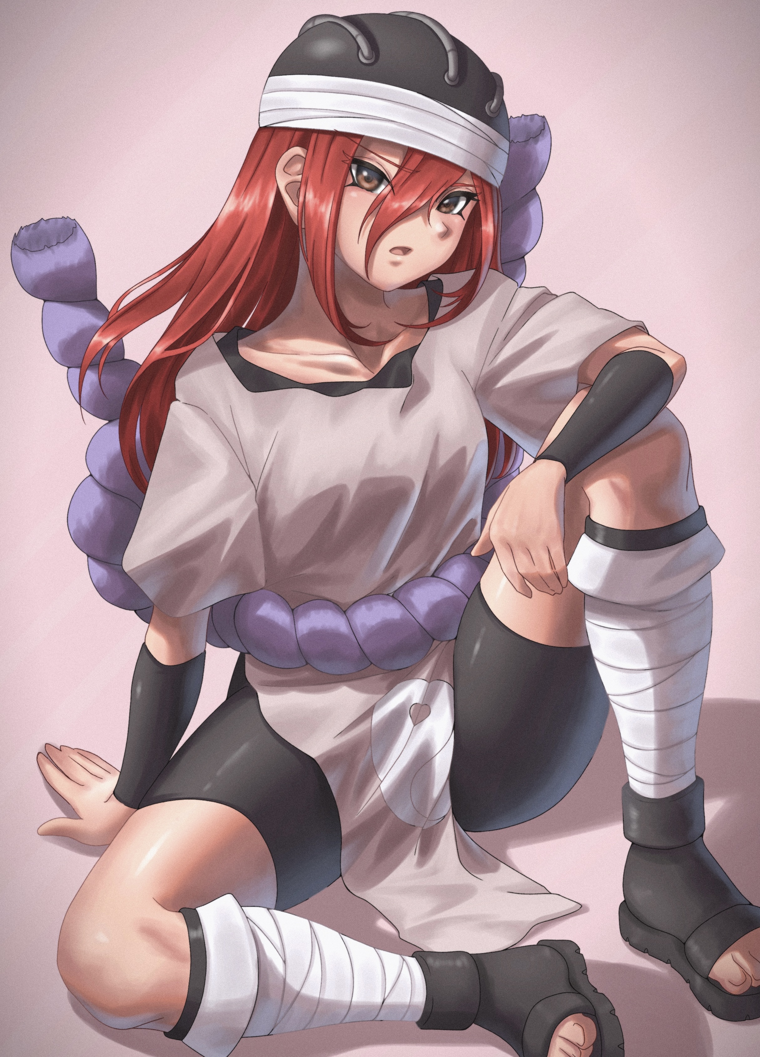 p giraffa, tayuya (naruto), naruto (classic), naruto (series), absurdres, highres, 1girl, :o, bandages, bike shorts, brown eyes, full body, grey shirt, hip bones, long hair, looking at viewer, ninja, open mouth, pink background, red hair, sandals, shadow, shirt, short sleeves