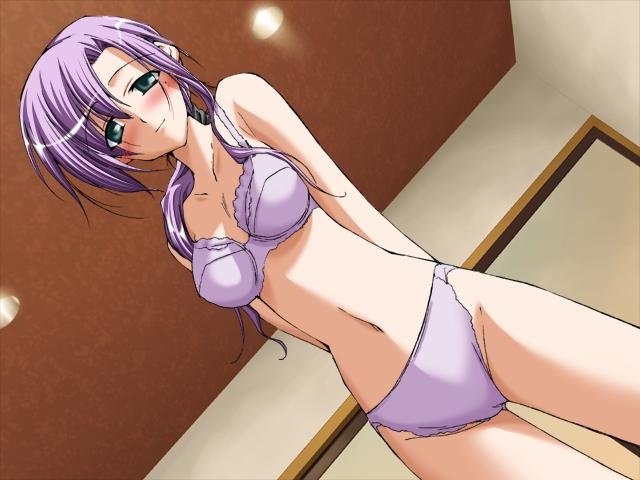 kokonoka, marionette ~ito tsukai~, character request, game cg, jpeg artifacts, 1girl, blush, bra, dutch angle, female focus, lingerie, panties, purple hair, solo, underwear, underwear only