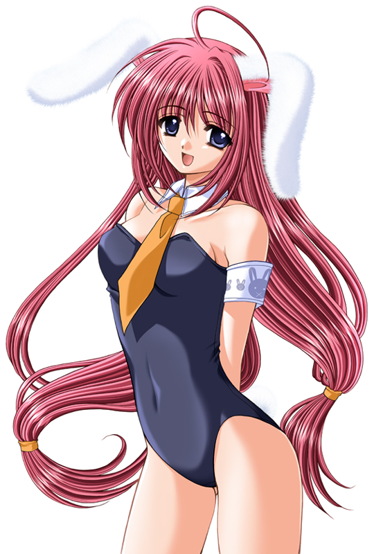 nishimata aoi, bunny girl, 1girl, animal ears, bare legs, long hair, navel, pink hair, playboy bunny, rabbit ears, red hair, solo, very long hair