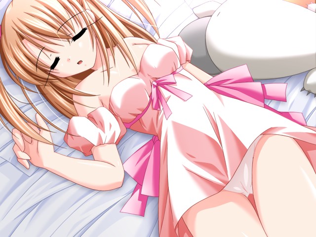 choco chip, kohinata nana, atelier kaguya, imouto jiru, game cg, 00s, 1girl, bare shoulders, bed, blonde hair, bow, cameltoe, closed eyes, dress, female focus, large bow, lying, on back, panties, pantyshot, pink bow, ribbon, short dress, sleeping, solo, thigh gap, thighs, twintails, underwear, white panties