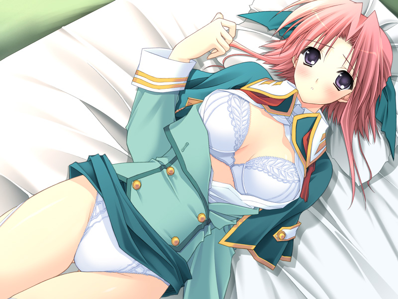 suzuhira hiro, morisaki nao, soul link, game cg, 00s, 1girl, bed, blush, bow, bra, breasts, clothes lift, dress shirt, female focus, hair bow, jacket, lace, lace-trimmed panties, lace trim, large breasts, lingerie, lying, on back, open clothes, open shirt, panties, pantyshot, pink hair, purple eyes, shirt, short hair, skirt, skirt lift, solo, thigh gap, thighs, underwear, white panties