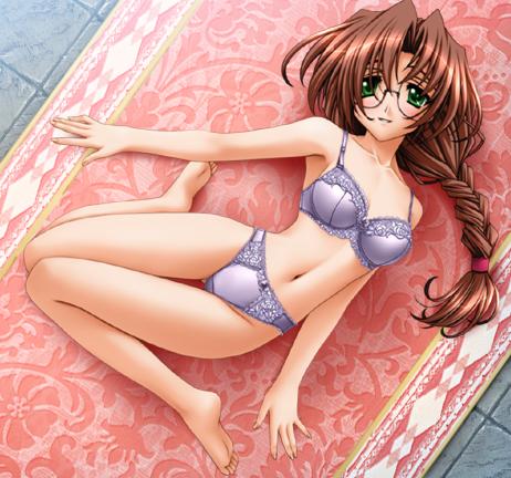 game cg, lowres, 1girl, blush, bra, braid, brown hair, female focus, glasses, green eyes, lingerie, long hair, low-tied long hair, lying, panties, rug, solo, underwear, underwear only, white bra, white panties