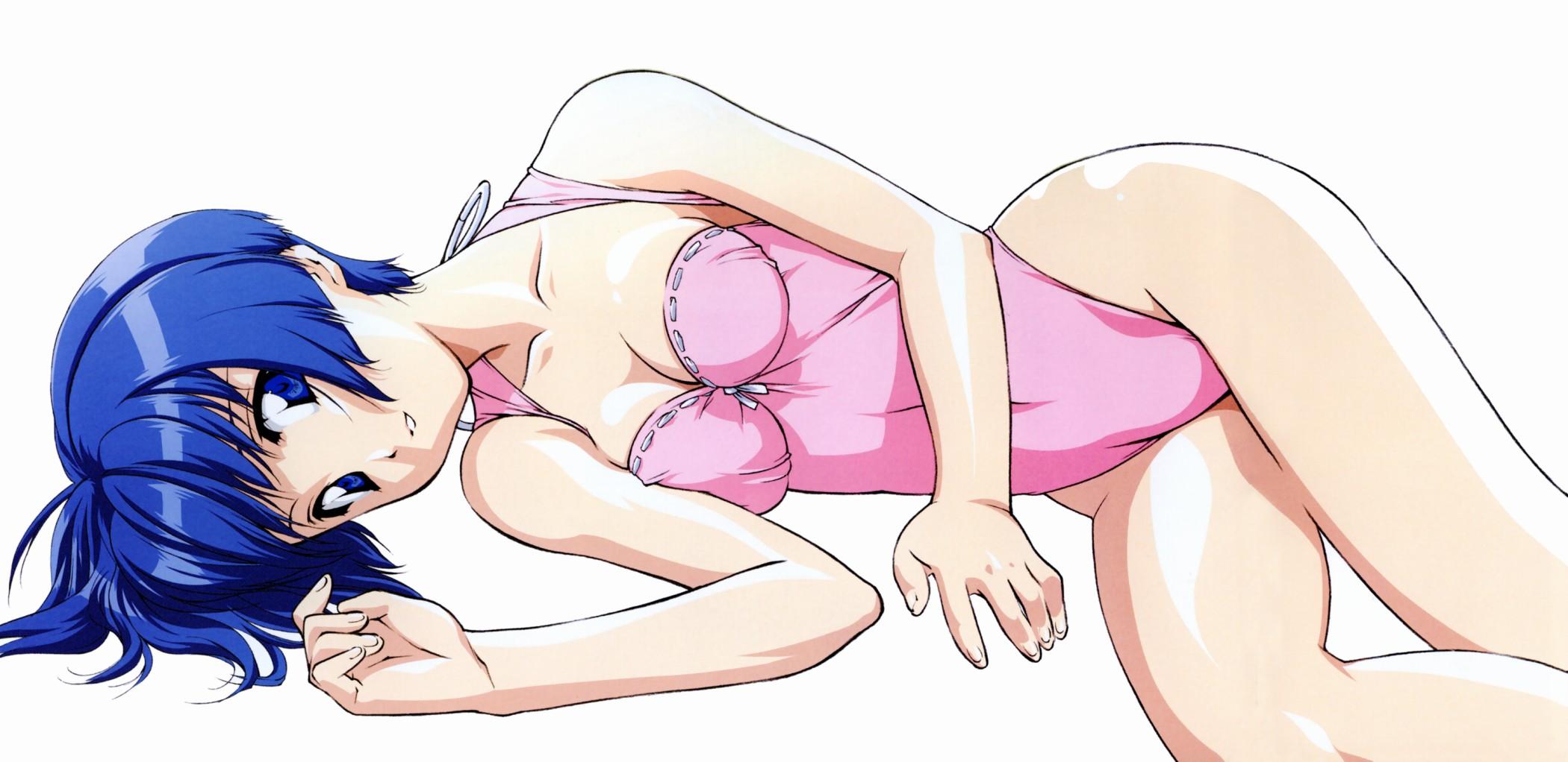 fumizuki kou, sakuraba aoi, ai yori aoshi, highres, long image, wide image, 1girl, arm support, bare legs, bare shoulders, blue eyes, blue hair, breasts, casual one-piece swimsuit, cleavage, collarbone, female focus, fingernails, highleg, highleg one-piece swimsuit, hip focus, legs, looking at viewer, lying, matching hair/eyes, on side, one-piece swimsuit, parted lips, pink one-piece swimsuit, shiny skin, short hair, simple background, solo, swimsuit, thighs, white background