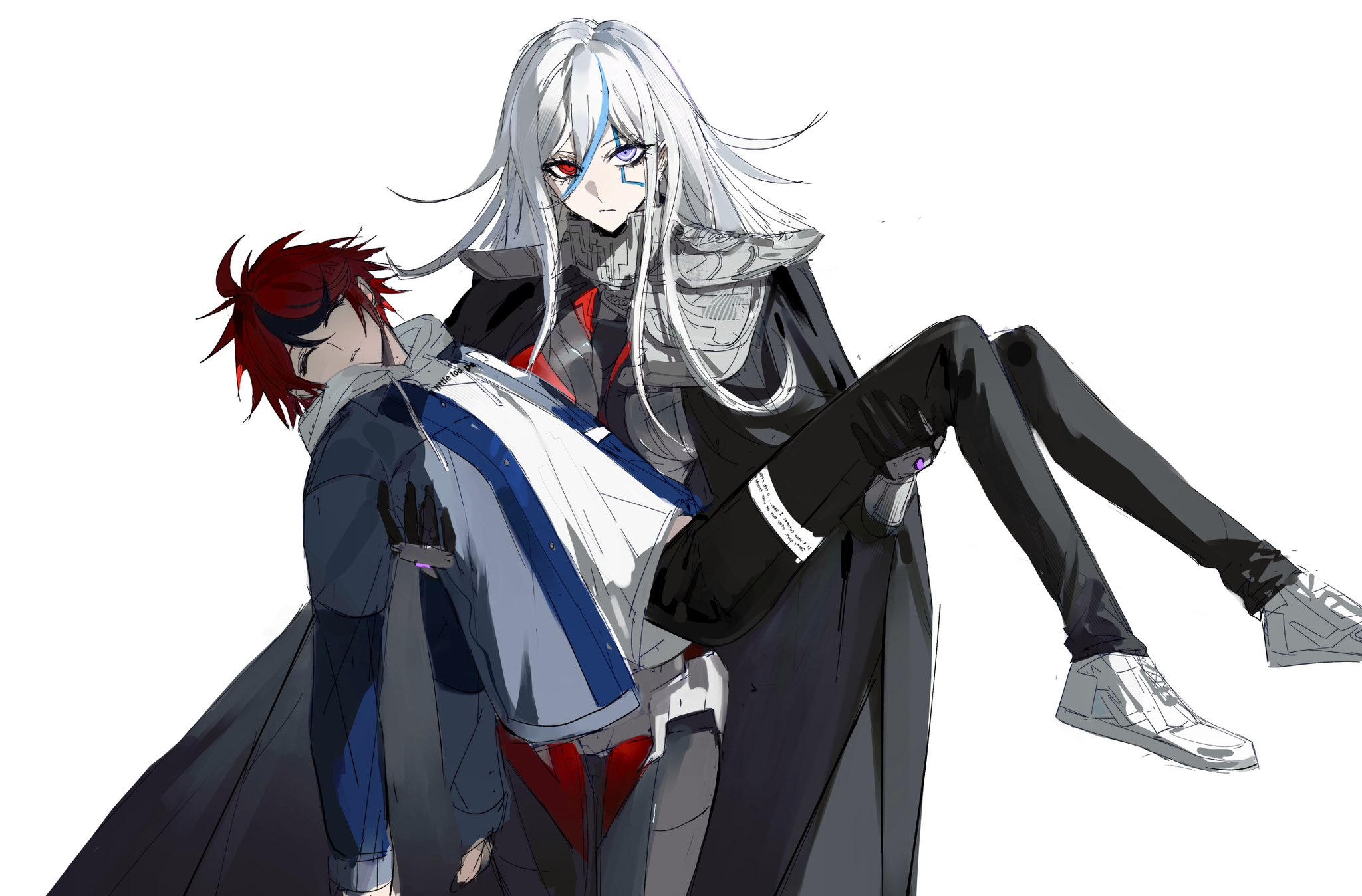 binxngchng1, sumino takumi, v'ehxness, the hundred line -last defense academy-, highres, 1boy, 1girl, armband, blue hair, carrying, carrying person, facial mark, gorget, grey eyes, heterochromia, last defense academy school uniform, long hair, multicolored hair, parted lips, purple eyes, red eyes, red hair, school uniform, short hair, spot color, streaked hair, unconscious, white hair