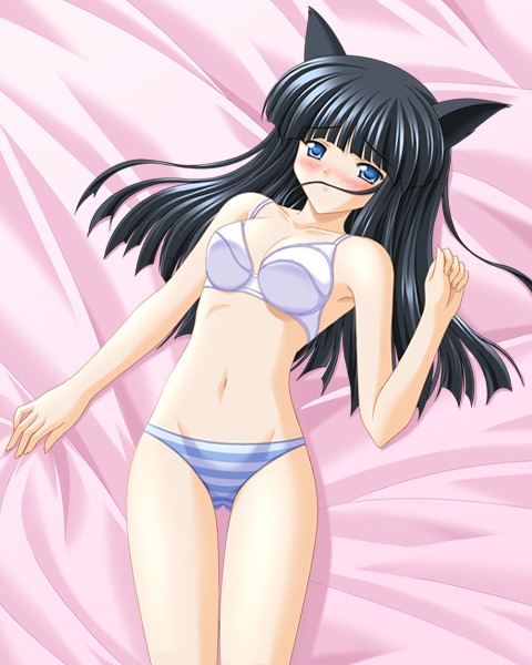 1girl, animal ears, aqua eyes, bed, black hair, blush, bra, cat ears, female focus, lingerie, long hair, panties, solo, striped clothes, striped panties, underwear, underwear only, white bra