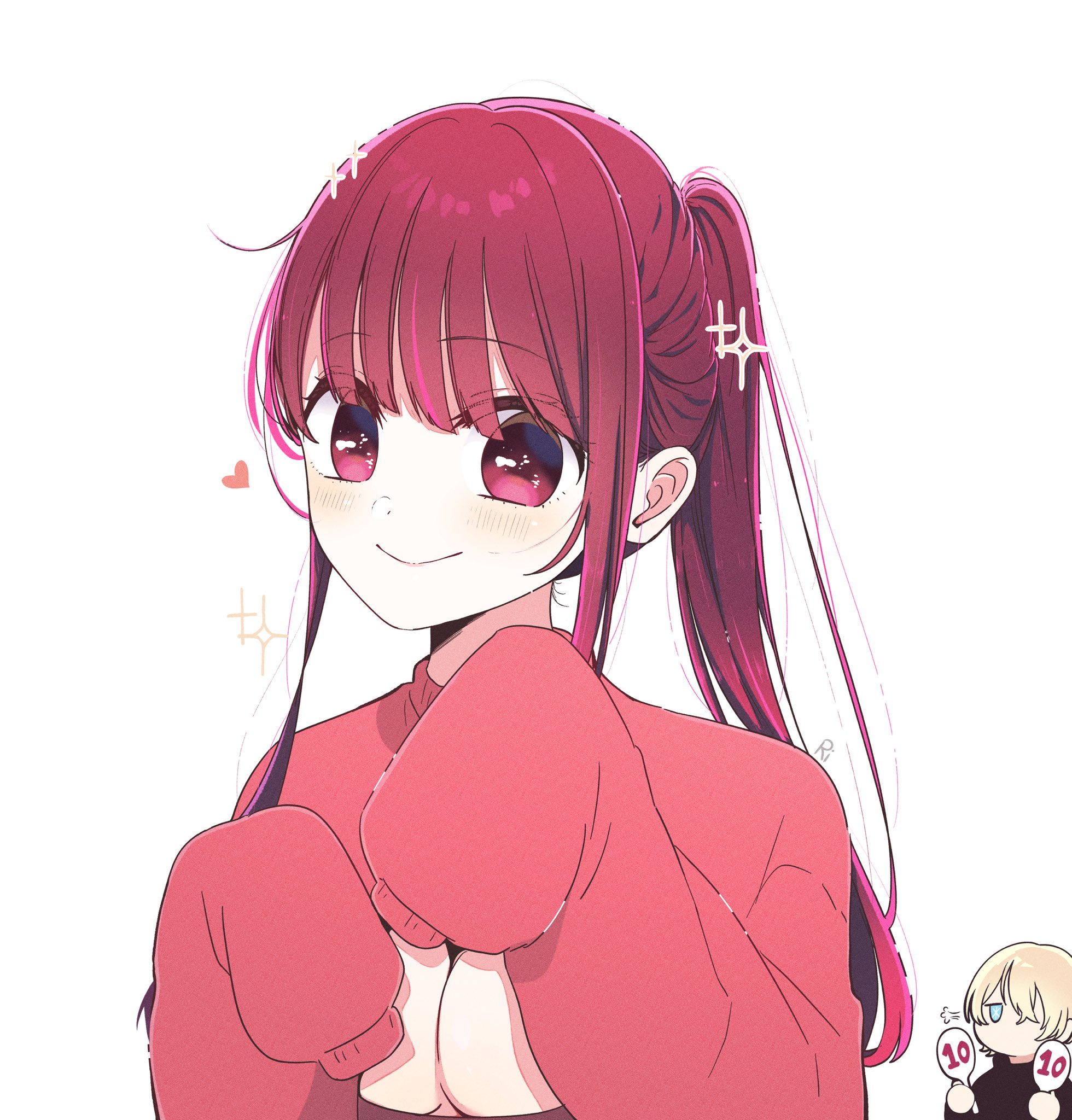 risdelusions, arima kana, hoshino aquamarine, oshi no ko, highres, 1boy, 1girl, alternate hairstyle, blush, breasts, closed mouth, clothing cutout, hair between eyes, long hair, long sleeves, looking at viewer, ponytail, red eyes, red hair, red sweater, smile, sweater, white background