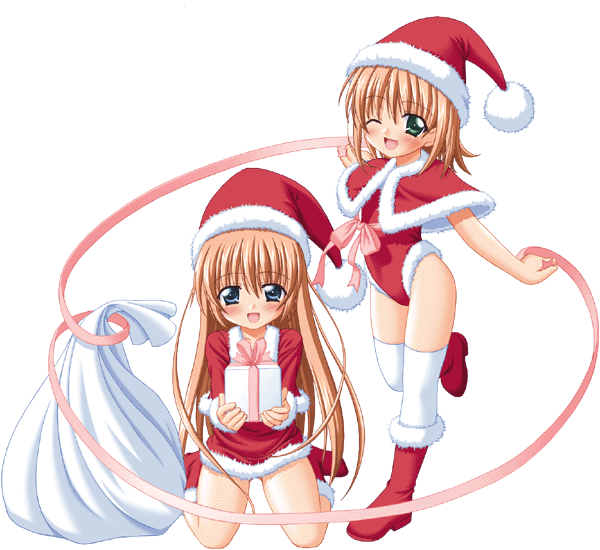 nishimura konomi, nishimura nanami, nanami to konomi no oshiete abc, 2girls, christmas, gift, hat, multiple girls, santa costume, santa hat, siblings, sisters, standing, thighhighs, thighs, transparent background, twins
