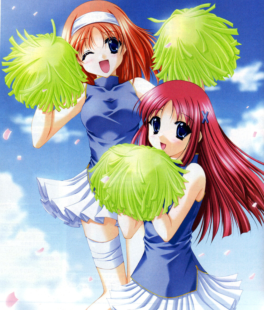 amakase miharu, shirakawa kotori, da capo, da capo i, 00s, 2girls, ;d, bandages, blue eyes, cheering, cheerleader, hair ornament, looking at viewer, multiple girls, one eye closed, open mouth, orange hair, pleated skirt, pom pom (cheerleading), red hair, skirt, smile, turtleneck, white skirt, x hair ornament