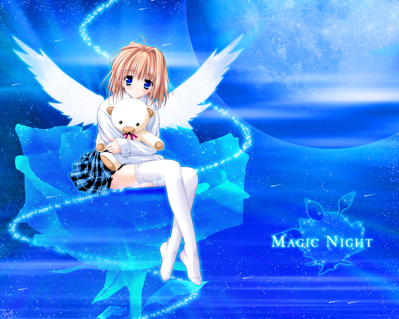 amane sou, kawai rie, lovers (game), third-party edit, 1girl, angel, bear, bird wings, blue eyes, feet, female focus, looking at viewer, plaid clothes, plaid skirt, skirt, solo, stuffed animal, stuffed toy, teddy bear, thighhighs, white thighhighs, white wings, wings