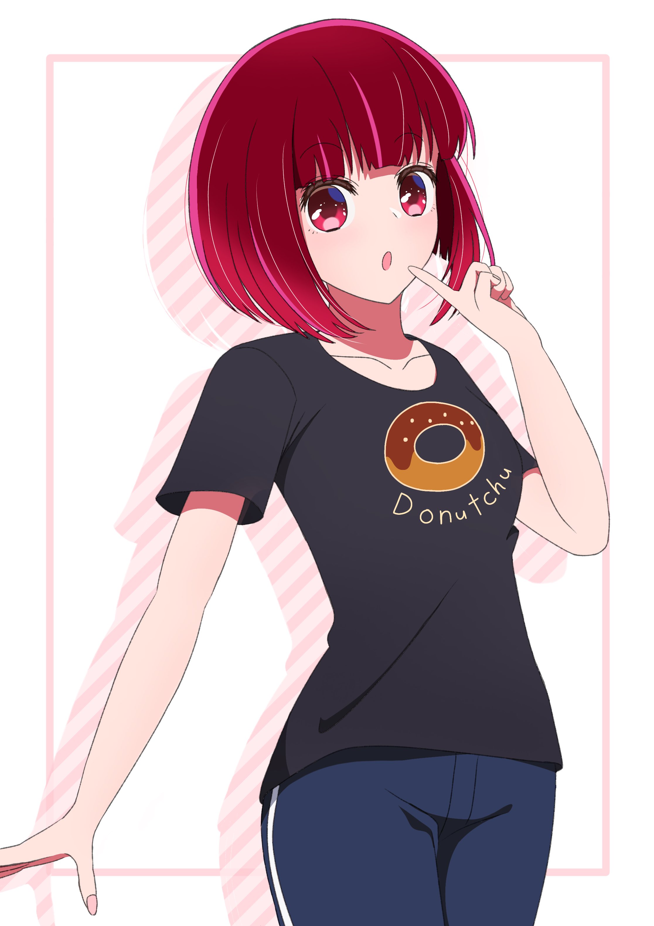 nm (blue-rapid), arima kana, oshi no ko, absurdres, highres, 1girl, :o, black pants, black shirt, blush, bob cut, clothes writing, donut, food, inverted bob, open mouth, pants, red eyes, red hair, shirt, short hair, simple background, solo, striped background, sweatpants, t-shirt, white background