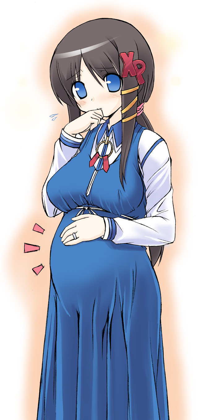xp-tan, os-tan, highres, long image, tall image, 1girl, blue dress, blue eyes, blush, breasts, brown hair, dress, female focus, pregnant, solo