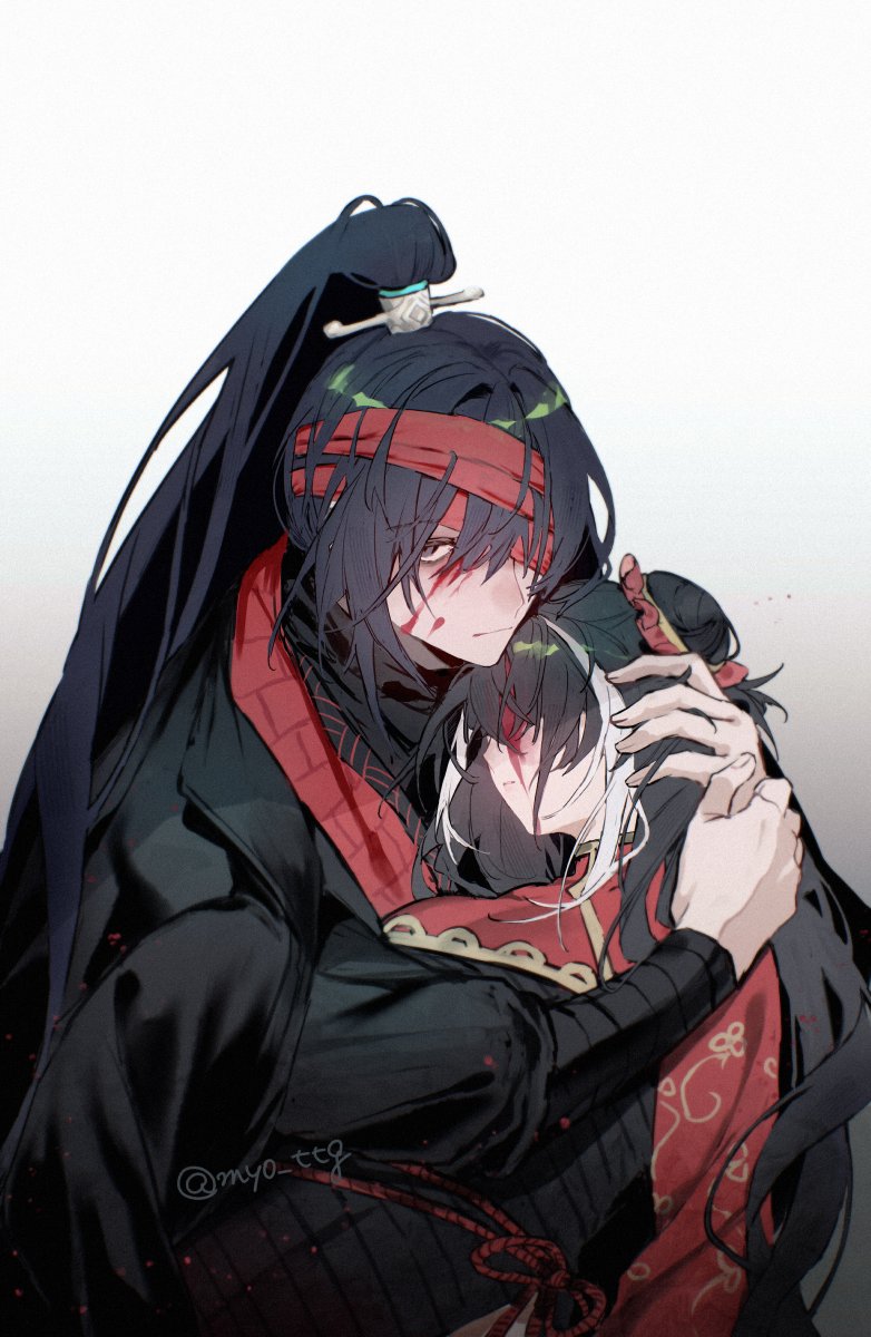 myo (mio), hong lu (project moon), jia xichun (project moon), limbus company, project moon, highres, 1boy, 1girl, bandage over one eye, black hanfu, blood, blood on face, brother and sister, chin rest, chinese clothes, closed mouth, death, double bun, dress, expressionless, family hierarch candidate (identity) (project moon), floral print, gradient background, hair between eyes, hair bun, hair over eyes, hair undone, hand on another's head, hand on another's shoulder, hanfu, head on head, head rest, high ponytail, hug, injury, long hair, long sleeves, lying, multicolored hair, on back, ponytail, puffy long sleeves, puffy sleeves, purple eyes, purple hair, red dress, siblings, simple background, streaked hair, turtleneck, turtleneck dress, upper body, very long hair, white background