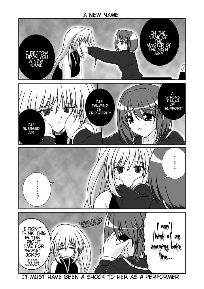 mikage takashi, reinforce, yagami hayate, lyrical nanoha, mahou shoujo lyrical nanoha, mahou shoujo lyrical nanoha a's, hard-translated, third-party edit, translated, 00s, 2girls, close-up, closed eyes, comic, english text, expressionless, greyscale, hair ornament, hairclip, hands on another's cheeks, hands on another's face, magical girl, monochrome, multiple girls, phone, sweatdrop, wheelchair, x hair ornament