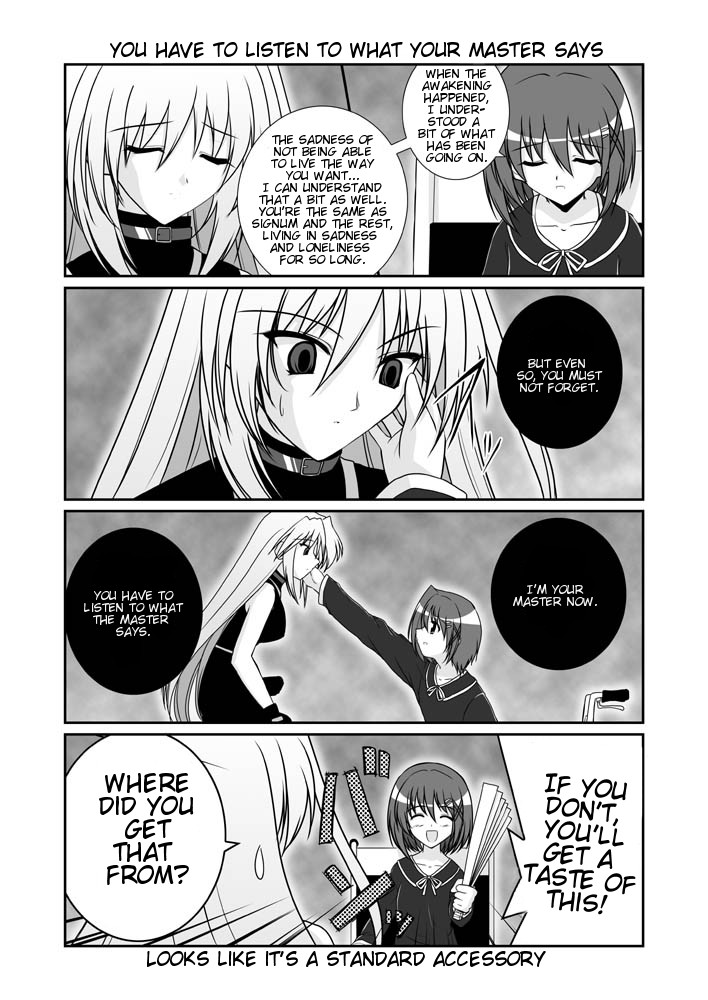 mikage takashi, reinforce, yagami hayate, lyrical nanoha, mahou shoujo lyrical nanoha, mahou shoujo lyrical nanoha a's, hard-translated, third-party edit, translated, 00s, 2girls, comic, english text, greyscale, hair ornament, hand fan, harisen, magical girl, monochrome, multiple girls, wheelchair, x hair ornament