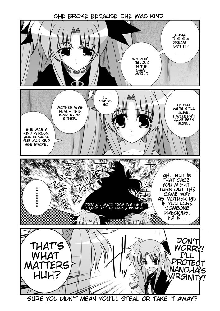 mikage takashi, alicia testarossa, fate testarossa, presea testarossa, lyrical nanoha, mahou shoujo lyrical nanoha, mahou shoujo lyrical nanoha a's, hard-translated, third-party edit, translated, 00s, 3girls, 4koma, cape, clenched hand, comic, crazy, english text, greyscale, monochrome, multiple girls, siblings, silhouette, sisters, twintails