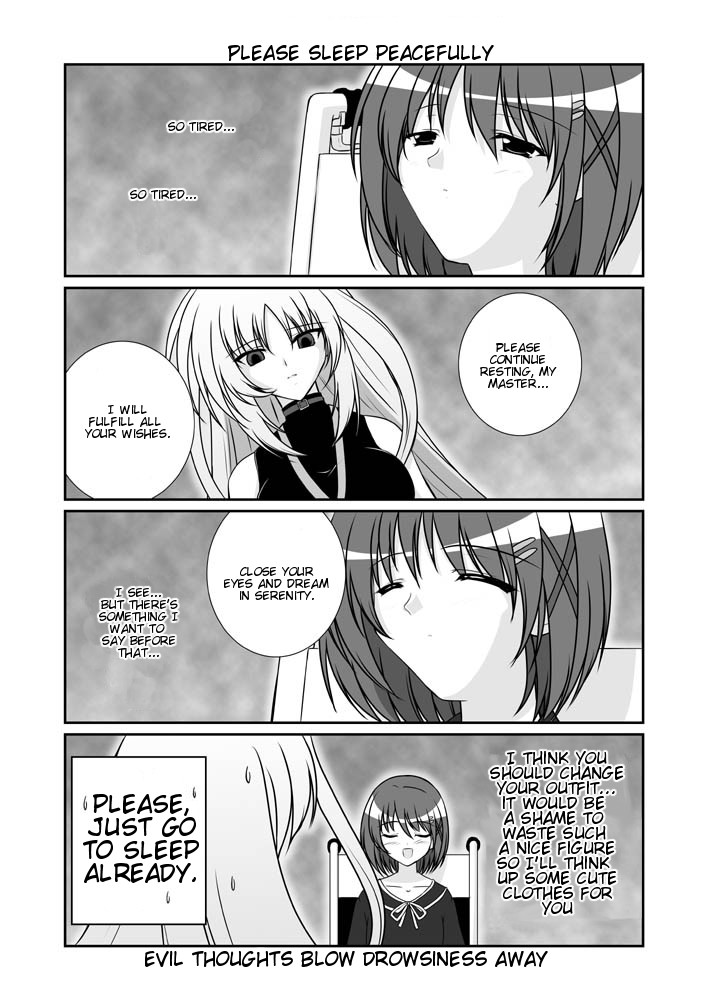 mikage takashi, reinforce, yagami hayate, lyrical nanoha, mahou shoujo lyrical nanoha, mahou shoujo lyrical nanoha a's, hard-translated, third-party edit, translated, 00s, 2girls, 4koma, comic, english text, greyscale, hair ornament, magical girl, monochrome, multiple girls, wheelchair, x hair ornament