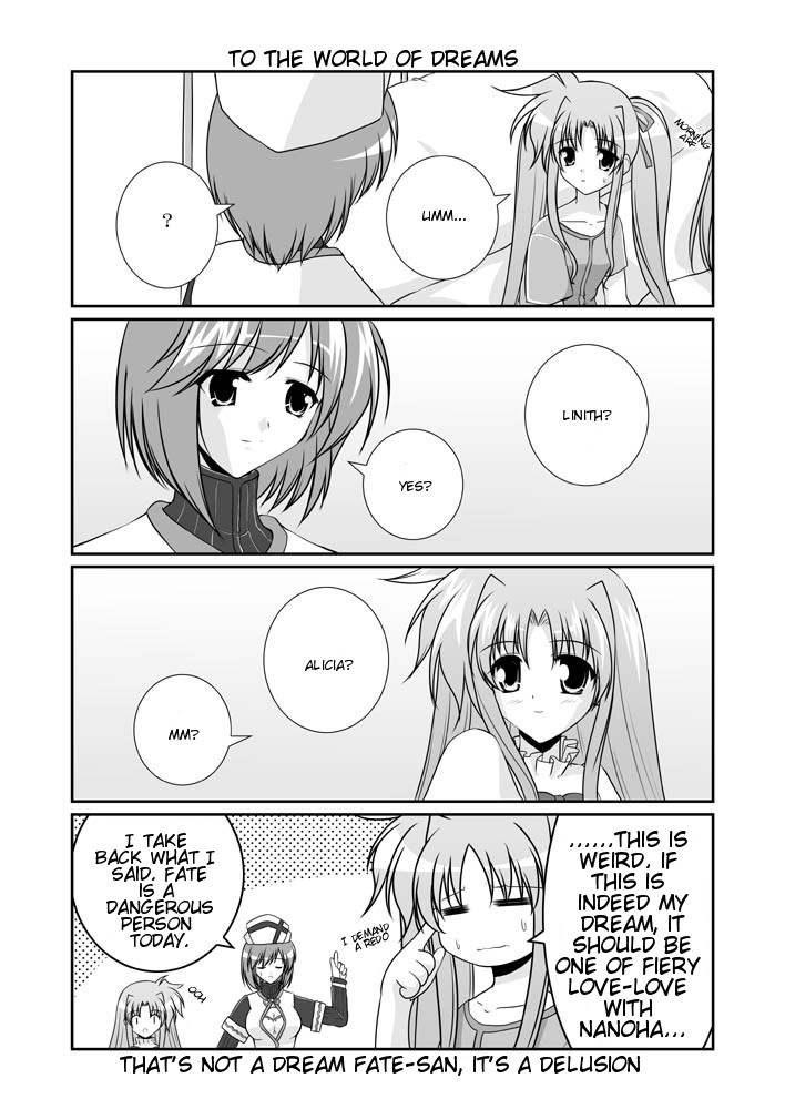 mikage takashi, alicia testarossa, fate testarossa, rynith, lyrical nanoha, mahou shoujo lyrical nanoha, mahou shoujo lyrical nanoha a's, hard-translated, third-party edit, translated, 00s, 3girls, 4koma, comic, english text, greyscale, monochrome, multiple girls, siblings, sisters, twintails