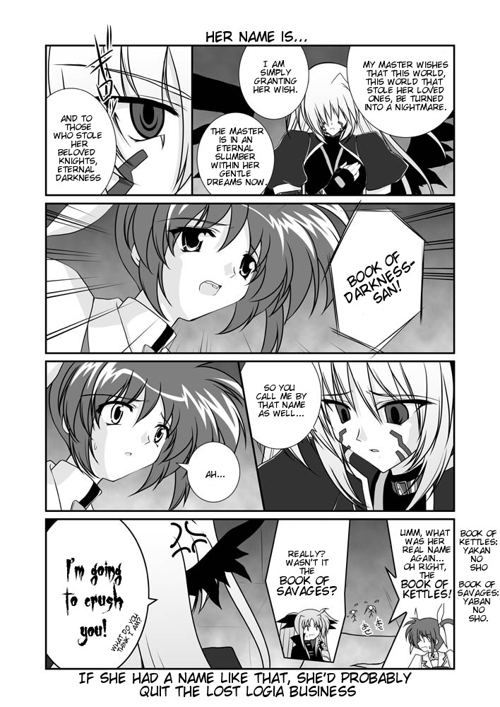 mikage takashi, fate testarossa, reinforce, takamachi nanoha, lyrical nanoha, mahou shoujo lyrical nanoha, mahou shoujo lyrical nanoha a's, hard-translated, third-party edit, translated, 00s, 3girls, 4koma, anger vein, cape, comic, english text, facial mark, fingerless gloves, gloves, greyscale, jacket, magical girl, monochrome, multiple girls, open clothes, open jacket, twintails, winged hair ornament, wings
