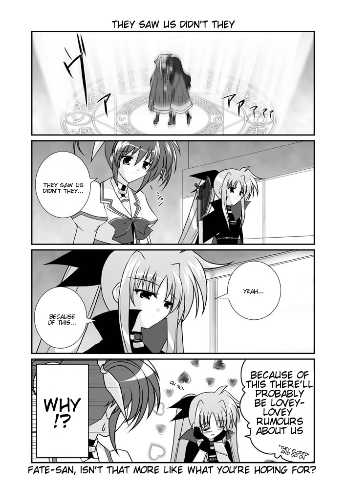 mikage takashi, arisa bunnings, bardiche (nanoha), fate testarossa, takamachi nanoha, tsukimura suzuka, lyrical nanoha, mahou shoujo lyrical nanoha, mahou shoujo lyrical nanoha a's, hard-translated, third-party edit, translated, 00s, 4girls, 4koma, blush, bow, cape, comic, english text, fingerless gloves, gloves, greyscale, magic circle, magical girl, monochrome, multiple girls, school uniform, single fingerless glove, single glove, twintails