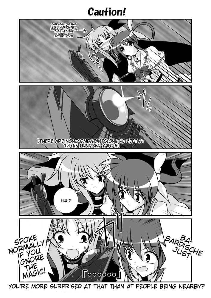 mikage takashi, bardiche (nanoha), fate testarossa, takamachi nanoha, lyrical nanoha, mahou shoujo lyrical nanoha, mahou shoujo lyrical nanoha a's, hard-translated, third-party edit, translated, 00s, 2girls, 4koma, blush, bow, cape, comic, english text, fingerless gloves, gloves, greyscale, magical girl, monochrome, multiple girls, twintails