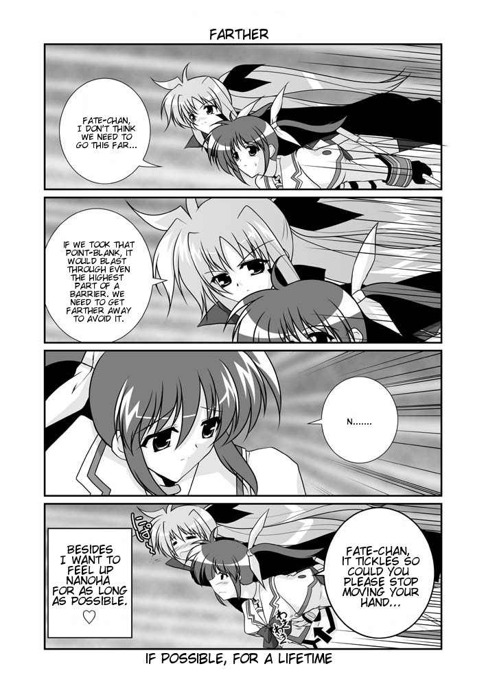 mikage takashi, fate testarossa, raising heart, takamachi nanoha, lyrical nanoha, mahou shoujo lyrical nanoha, mahou shoujo lyrical nanoha a's, hard-translated, third-party edit, translated, 00s, 2girls, 4koma, arrow (symbol), belt, bow, cape, comic, english text, fingerless gloves, gloves, greyscale, magical girl, monochrome, multiple girls, twintails
