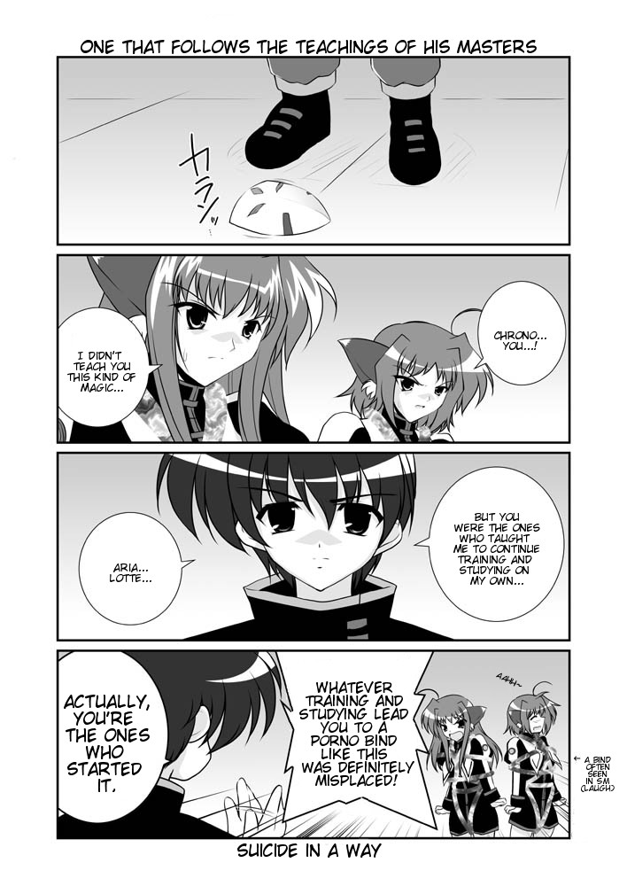 mikage takashi, chrono harlaown, liesearia (nanoha), lieselotte (nanoha), hentai kamen, lyrical nanoha, mahou shoujo lyrical nanoha, mahou shoujo lyrical nanoha a's, hard-translated, third-party edit, translated, 00s, 1boy, 2girls, 4koma, ahoge, animal ears, bdsm, bondage, bound, cat ears, comic, english text, familiar, greyscale, magical boy, magical girl, mask, monochrome, multiple girls, shibari, siblings, sisters, twins, unworn mask