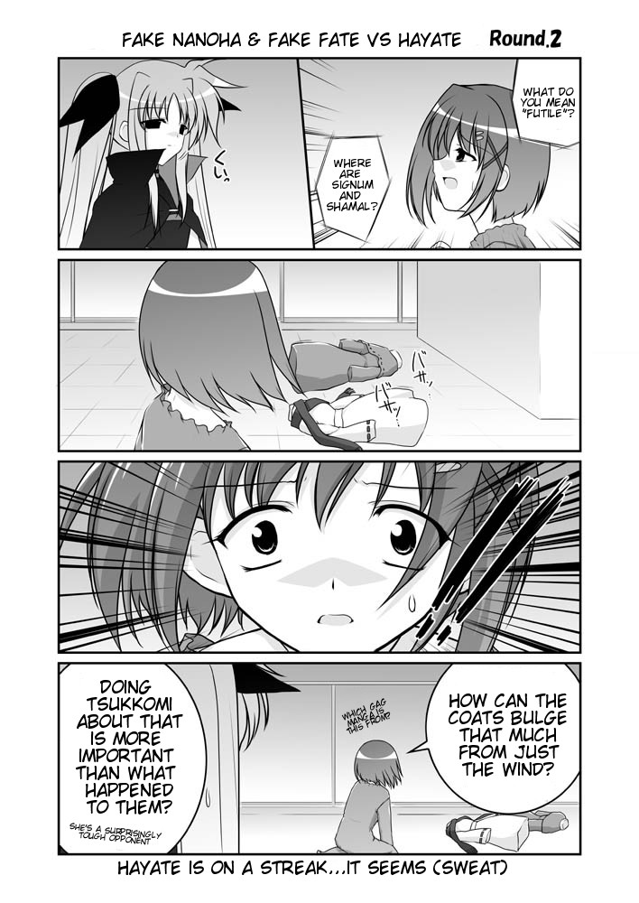 mikage takashi, fate testarossa, yagami hayate, lyrical nanoha, mahou shoujo lyrical nanoha, mahou shoujo lyrical nanoha a's, hard-translated, third-party edit, translated, 00s, 2girls, 4koma, cape, comic, english text, greyscale, hair ornament, magical girl, monochrome, multiple girls, twintails, x hair ornament