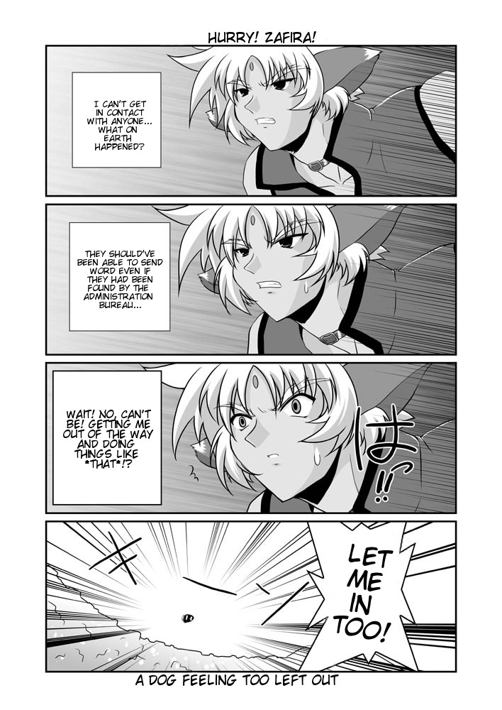 mikage takashi, zafira, lyrical nanoha, mahou shoujo lyrical nanoha, mahou shoujo lyrical nanoha a's, hard-translated, third-party edit, translated, 00s, 1girl, 4koma, animal ears, comic, english text, forehead jewel, greyscale, magical boy, monochrome, wolf ears