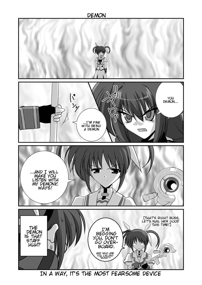 mikage takashi, raising heart, takamachi nanoha, vita (nanoha), lyrical nanoha, mahou shoujo lyrical nanoha, mahou shoujo lyrical nanoha a's, hard-translated, third-party edit, translated, 00s, 2girls, 4koma, bow, braid, comic, english text, fingerless gloves, fire, gloves, greyscale, hat, magazine (weapon), magical girl, monochrome, multiple girls, twin braids, twintails, white devil