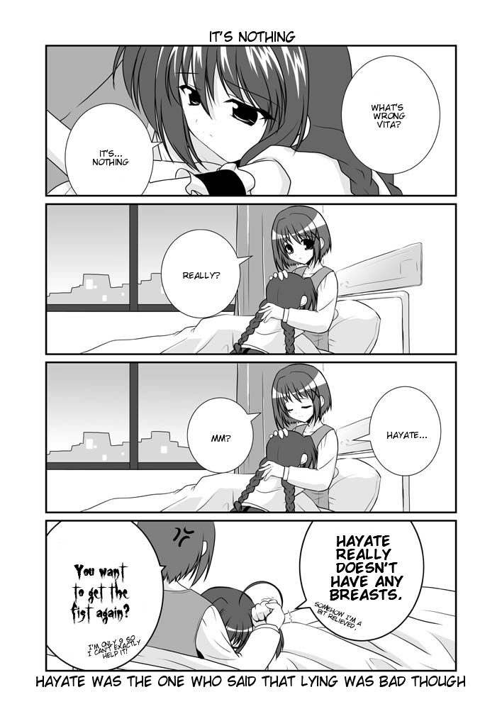 mikage takashi, vita (nanoha), yagami hayate, lyrical nanoha, mahou shoujo lyrical nanoha, mahou shoujo lyrical nanoha a's, hard-translated, third-party edit, translated, 00s, 2girls, 4koma, anger vein, braid, comic, english text, greyscale, monochrome, multiple girls, twin braids
