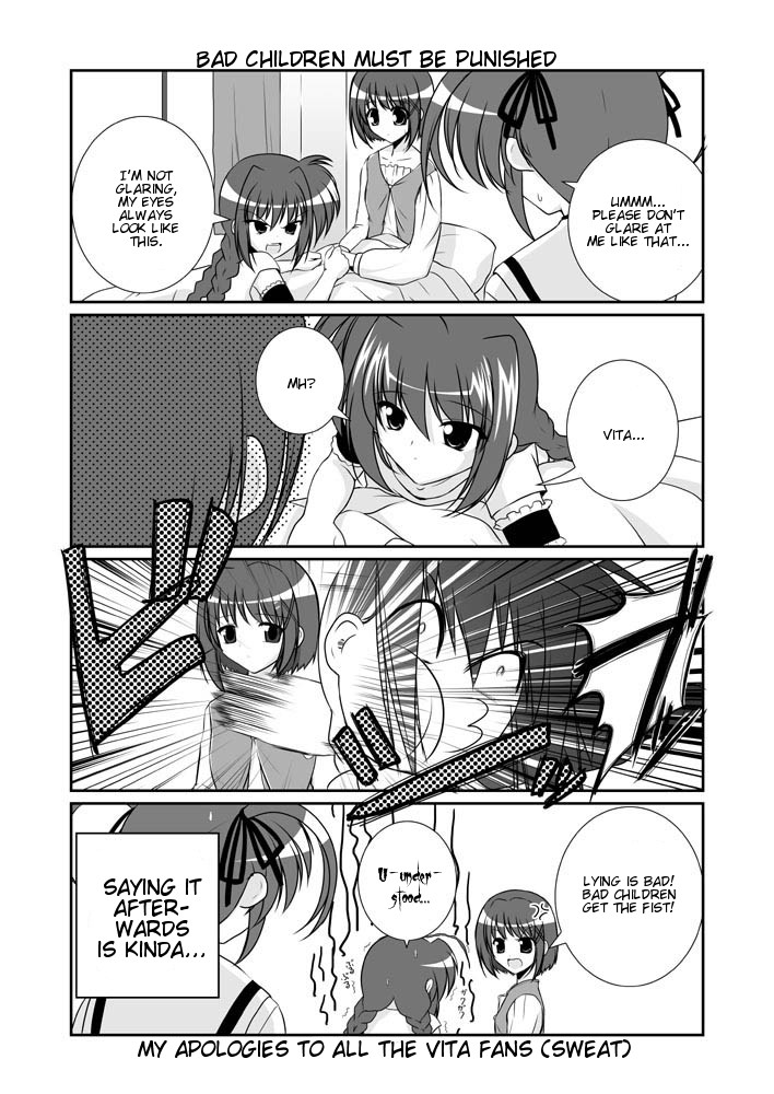 mikage takashi, takamachi nanoha, vita (nanoha), yagami hayate, lyrical nanoha, mahou shoujo lyrical nanoha, mahou shoujo lyrical nanoha a's, hard-translated, third-party edit, translated, 00s, 3girls, 4koma, braid, clenched hand, comic, english text, greyscale, monochrome, multiple girls, punching, school uniform, twin braids, twintails