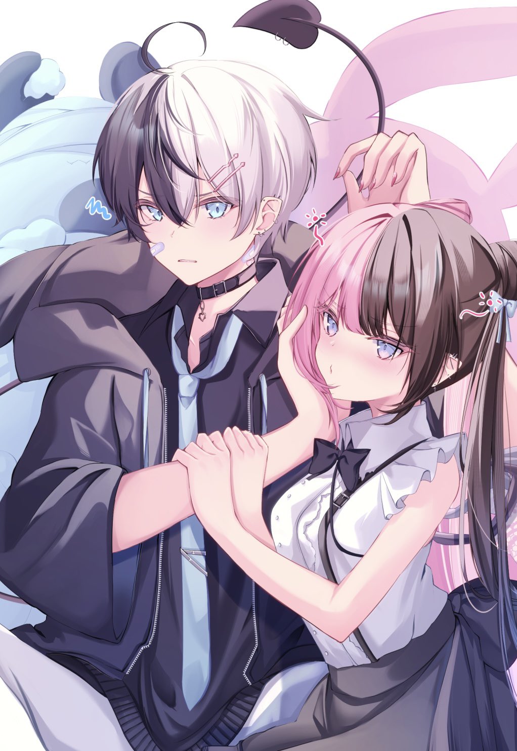 eugeo 032, kamito (vtuber), tachibana hinano, indie virtual youtuber, vspo!, commentary request, highres, 1boy, 1girl, ahoge, bandaid, bandaid on face, black bow, black bowtie, black collar, black hair, black shirt, blue eyes, blue necktie, blush, bow, bowtie, brown hair, closed mouth, collar, collared shirt, ear piercing, earrings, grey hoodie, hair ornament, hairclip, hood, hoodie, jewelry, multicolored hair, necktie, piercing, pink hair, shirt, split-color hair, squeans, two-tone hair, virtual youtuber, white hair, white shirt