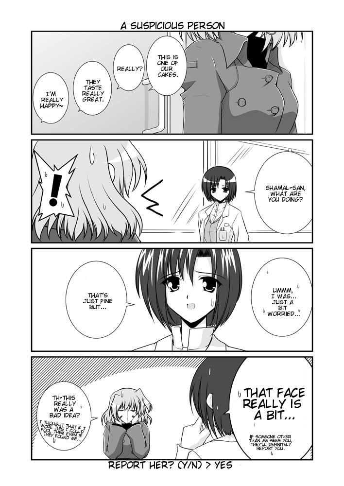 mikage takashi, ishida sachie, shamal, hentai kamen, lyrical nanoha, mahou shoujo lyrical nanoha, mahou shoujo lyrical nanoha a's, hard-translated, third-party edit, translated, 00s, 2girls, 4koma, comic, doctor, english text, greyscale, mask, monochrome, multiple girls