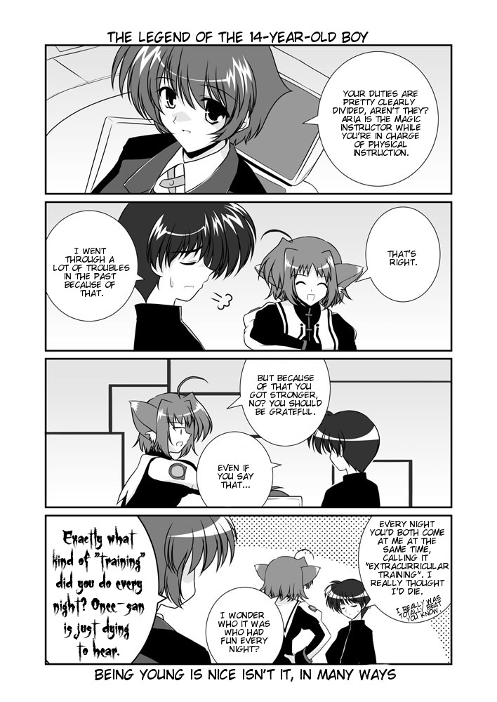 mikage takashi, amy limietta, chrono harlaown, lieselotte (nanoha), lyrical nanoha, mahou shoujo lyrical nanoha, mahou shoujo lyrical nanoha a's, hard-translated, third-party edit, translated, 00s, 1boy, 2girls, 4koma, ahoge, animal ears, cat ears, comic, english text, familiar, greyscale, magical girl, military, military uniform, monochrome, multiple girls