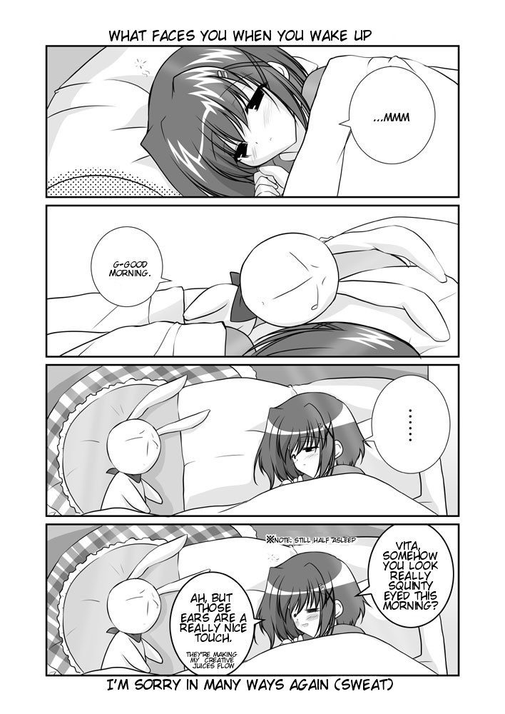 mikage takashi, mesousa, yagami hayate, lyrical nanoha, mahou shoujo lyrical nanoha, mahou shoujo lyrical nanoha a's, pani poni dash!, hard-translated, third-party edit, translated, 00s, 1girl, 4koma, comic, crossover, english text, greyscale, hair ornament, monochrome, stuffed animal, stuffed rabbit, stuffed toy, x hair ornament