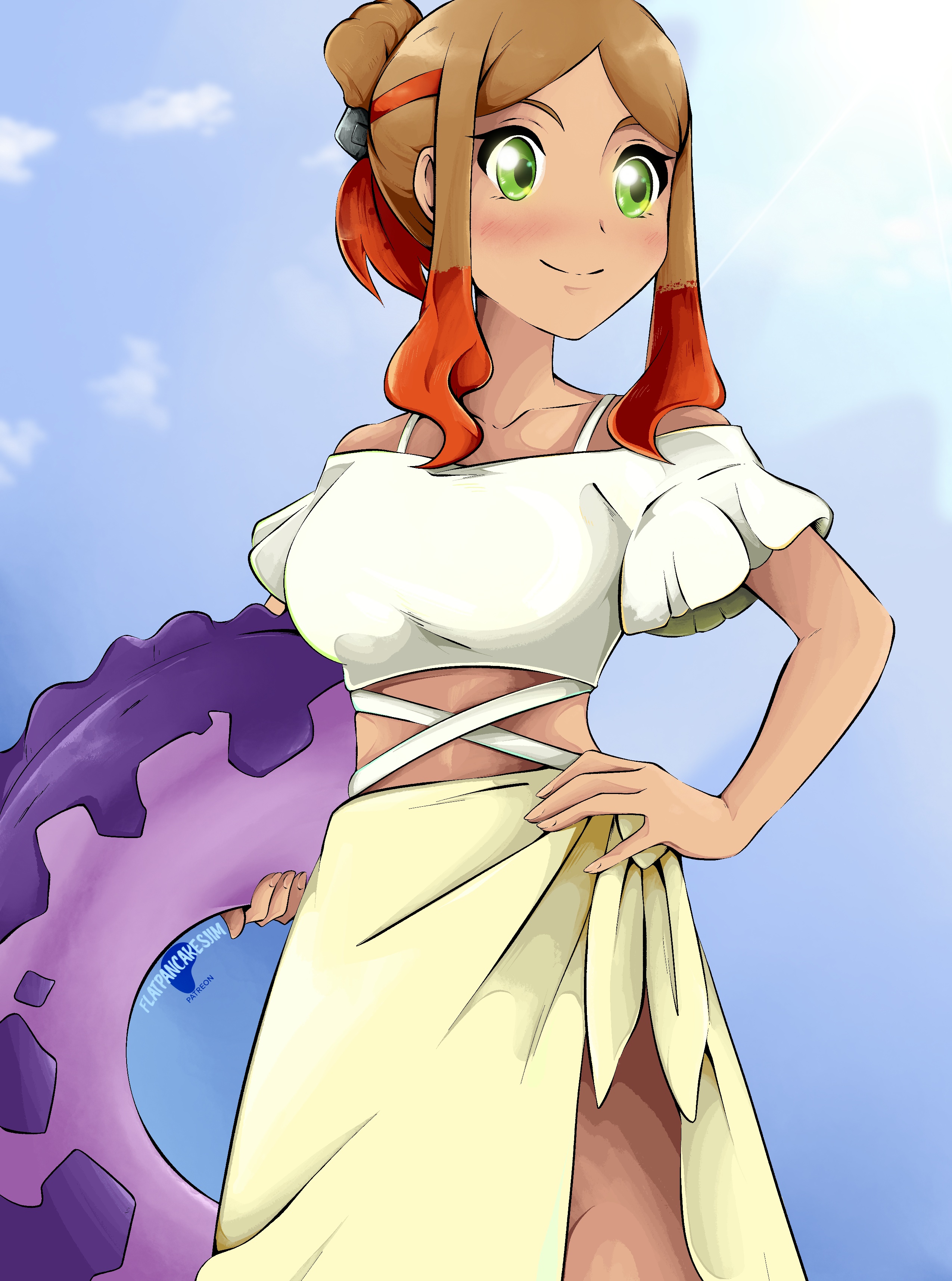 flatpancakesjim, orla (pokemon), nintendo, pokemon, pokemon (anime), pokemon horizons, 1girl, alternate costume, blush, breasts, brown hair, green eyes, hand on own hip, large breasts, multicolored hair, orange hair, outdoors, patreon username, simple background, solo, summer, swimsuit, two-tone hair